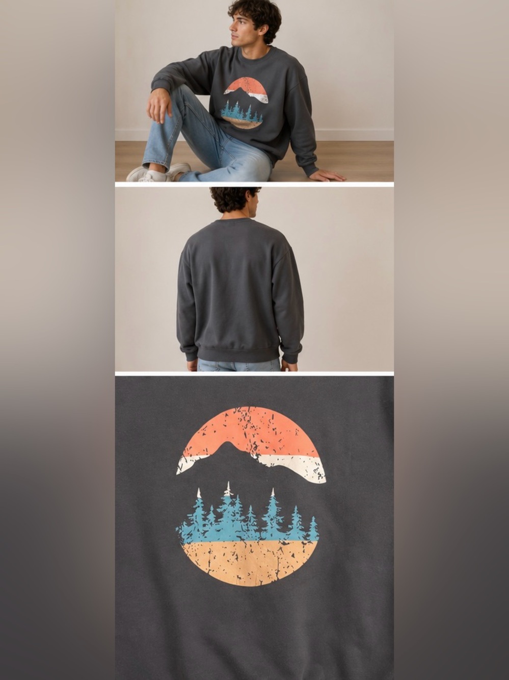 Vintage Mountain Graphic Crewneck Sweatshirt Men’s Medium Gray Pullover - Picture 2 of 7